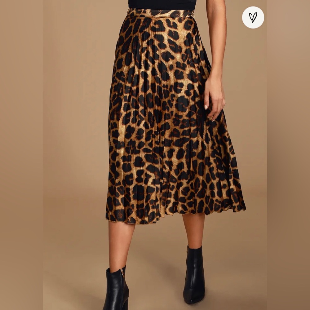 Lulu’s • Tasteful Living Leopard Print Satin Pleated Midi Skirt